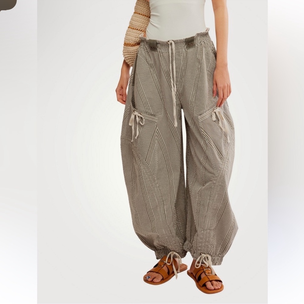 Free People Gray Track Pants with Drawstring Waist and Elastic Ankles